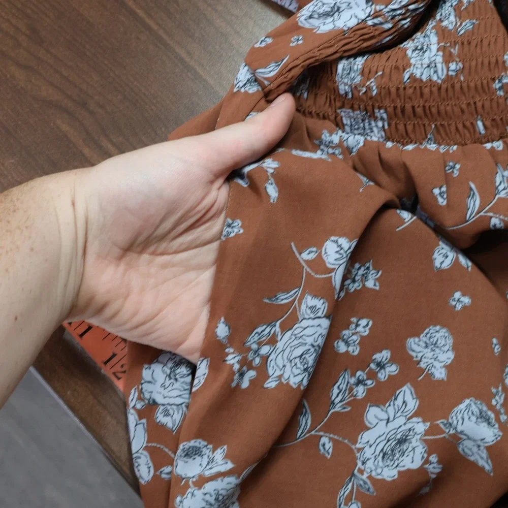 Baltic Born Floral Smocked Midi Dress Womens XL Brown Boho Pockets Flowy Fall